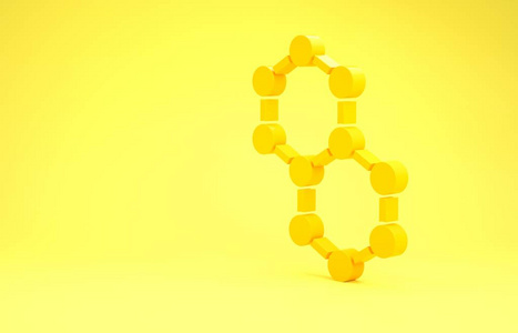 黄色分子图标隔离在黄色背景上。化学分子结构，科学教师创新教育海报。极简主义概念。三维插图三维渲染
