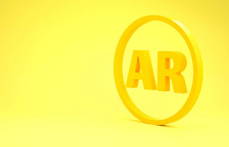 黄色Ar，增强现实图标隔离在黄色背景上。极简主义概念。三维插图三维渲染