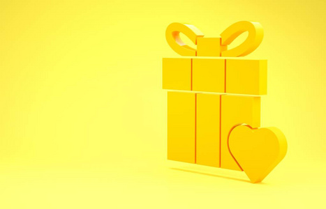 黄色礼品盒和心形图标隔离在黄色背景上。情人节。极简主义概念。三维插图三维渲染