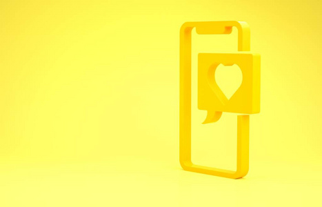 黄色智能手机，带有心形表情符号的语音泡泡，在黄色背景上独立显示屏幕图标。情人节。极简主义概念。三维插图三维渲染