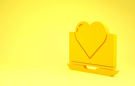 黄色笔记本电脑，黄色背景上有独立的心脏图标。情人节。极简主义概念。三维插图三维渲染