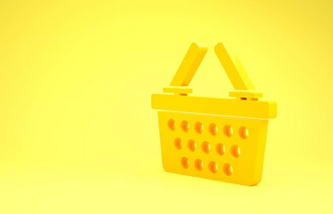 黄色购物篮图标隔离在黄色背景上。网购概念。送货服务标志。购物车符号。极简主义概念。三维插图三维渲染