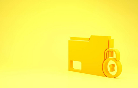 黄色文件夹和锁图标隔离在黄色背景上。关闭文件夹和挂锁。安全，安全，保护理念。极简主义概念。三维插图三维渲染
