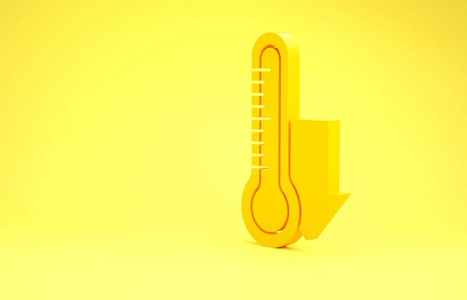 黄色气象温度计测量图标隔离在黄色背景上。显示炎热或寒冷天气的温度计设备。极简主义概念。三维插图三维渲染