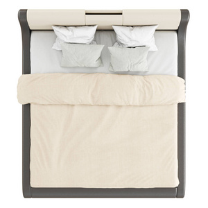 一张柔软的棕色米色双人床,白色背景上有枕头和毯子.俯视图.