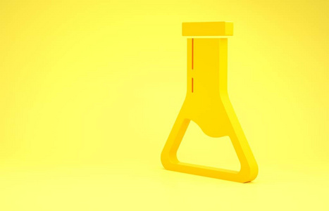 黄色试管和烧瓶在黄色背景上隔离的化学实验室测试图标。实验室玻璃器皿标志。极简主义概念。三维插图三维渲染
