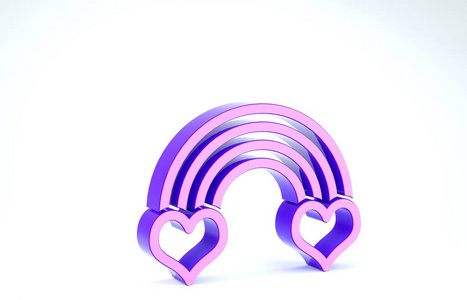 白色背景上独立的心形图标紫色彩虹。三维插图三维渲染