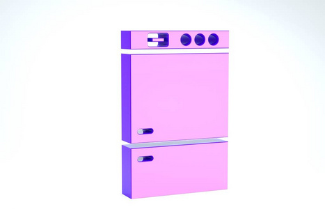 白色背景上孤立的紫色冰箱图标。冰箱冰箱。家用技术和家用电器。三维插图三维渲染
