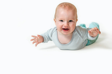 Cute baby boy is flying on white background