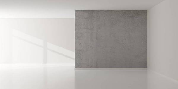 Empty white room with blank walls, center grunge concrete wall