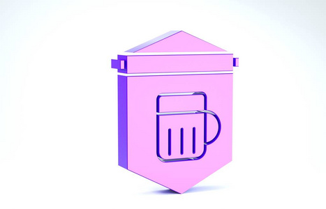 紫色的街道招牌，白色背景上隔离的啤酒图标。适用于酒吧咖啡厅酒吧餐厅的广告宣传。三维插图三维渲染
