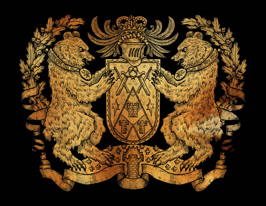 黑色背景上熊拿着盾牌的纹章画.照片