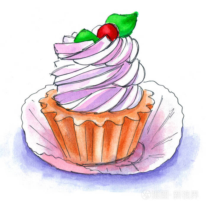 精致的粉红色奶油放在沙篮子里,里面有新鲜的红浆果和叶子-手绘水彩画