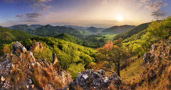 Mountain valley during sunrise. Natural summer landscape 