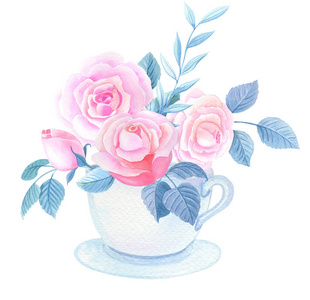 水彩杯，粉红色玫瑰和白色叶子背景。可爱水彩插图