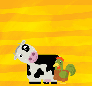 黄色条纹农场动物牛和公鸡的卡通场景儿童插图照片