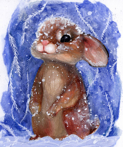 野兔 天空 雪花 愉快的 寒冷的 明信片 有趣的 插图 水彩