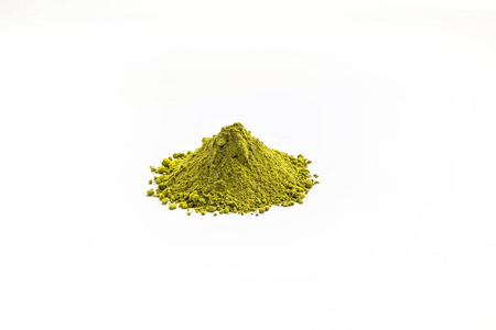 Heap of extract green Tea powder on white floor background. 