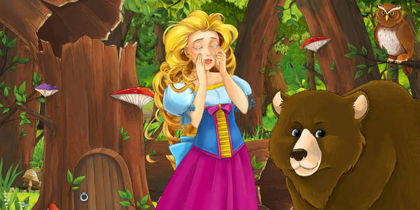 公主的猫头鹰卡通场景与快乐的少女公主在森林中遇到一对猫头鹰飞行