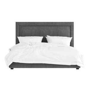 灰色软垫双人床，白色背景，白色床上用品。前视图。3d渲染。