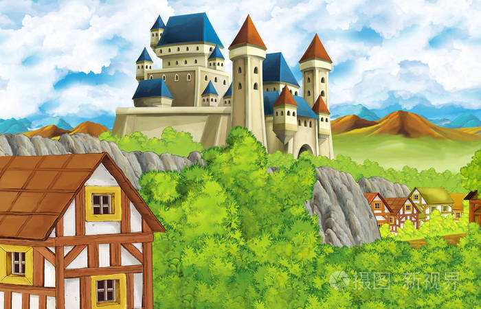 卡通场景与王国城堡和山谷和熊站立插图为儿童