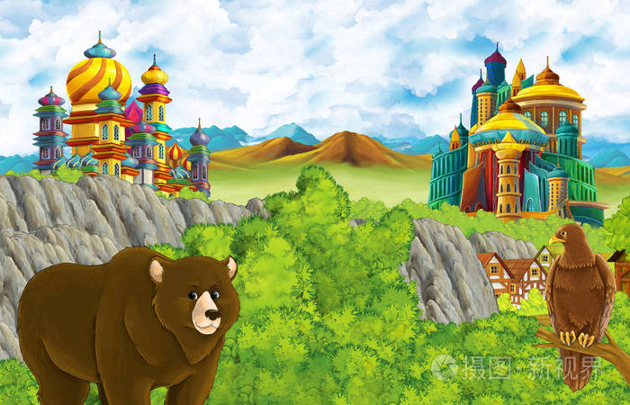 卡通场景与王国城堡和山脉山谷和熊站立和鹰坐插图儿童
