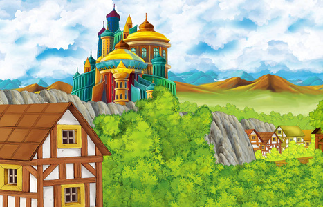 卡通场景与王国城堡和山脉山谷和熊站立和鹰坐插图儿童