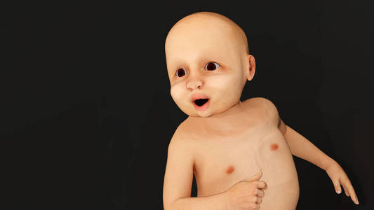 婴儿3D插图，黑色背景，男孩微笑