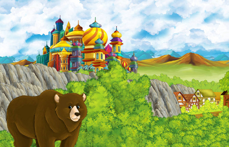 卡通场景与王国城堡和山谷和熊站立插图为儿童照片