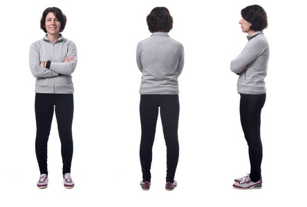 一个女人的全身肖像,正面,背面和侧面,手臂照片