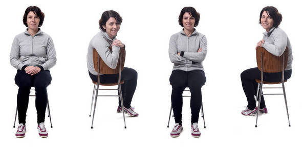 凳子边坐在白色背景的椅子上的女人照片