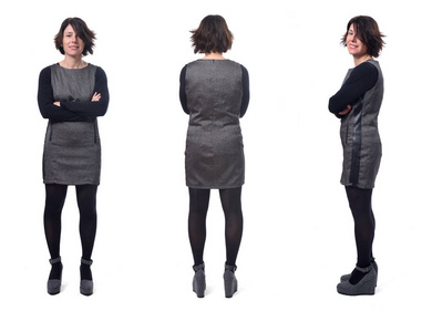 正面背面和侧面完整的女性肖像,手臂交叉照片