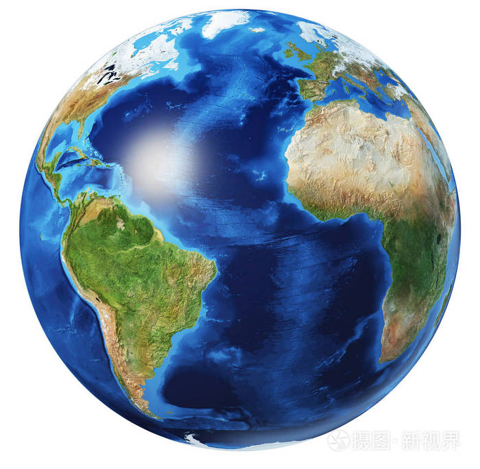 地球仪3d插图。大西洋海景。