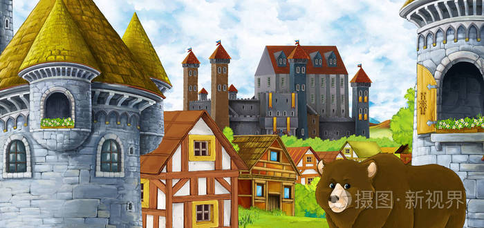 卡通场景与王国城堡和山谷附近的森林和农场村庄定居点熊行走插图儿童