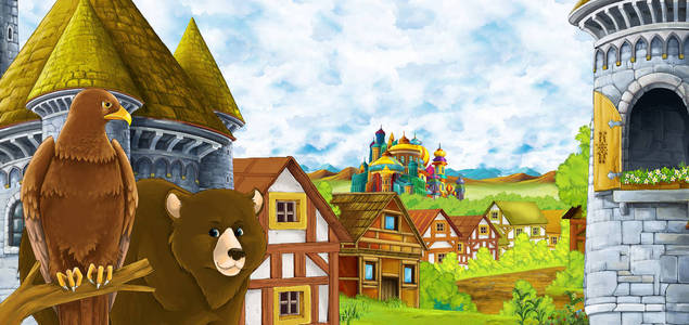 卡通场景:森林附近的王国城堡和山间山谷,农场村庄居民点,有熊走过和