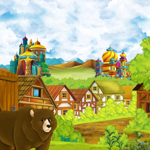 卡通场景与王国城堡和山谷附近的森林和农场村庄定居点熊行走插图儿童