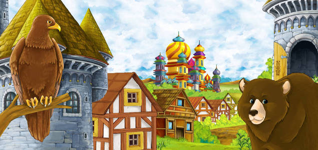 卡通场景:森林附近的王国城堡和山间山谷,农场村庄居民点,有熊走过和