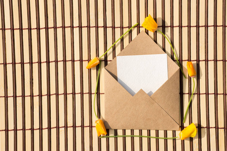 Envelope of kraft paper with a blank message and with beautiful 