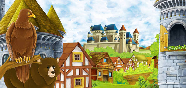 卡通场景森林附近的王国城堡和山间山谷,农场村庄居民点,有熊走过和鹰