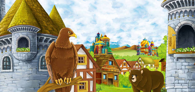 卡通场景:森林附近的王国城堡和山间山谷,农场村庄居民点,有熊走过和