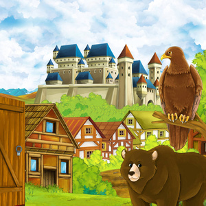 卡通场景森林附近的王国城堡和山间山谷,农场村庄居民点,有熊走过和鹰