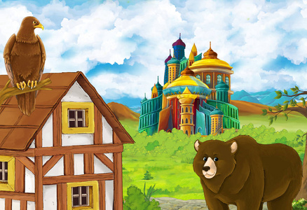 Cartoon nature scene with beautiful castle near the forest with 