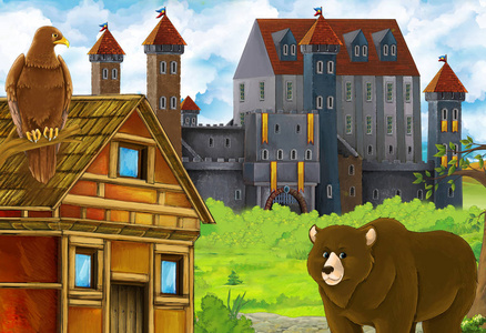 Cartoon nature scene with beautiful castle near the forest with 