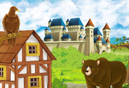 Cartoon nature scene with beautiful castle near the forest with 