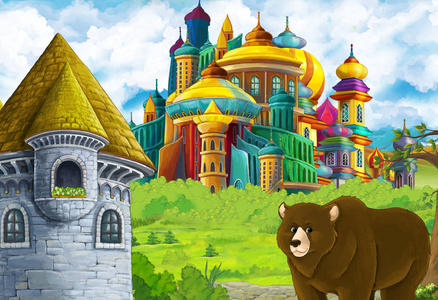 卡通自然风景与美丽的城堡附近的森林和熊插图儿童