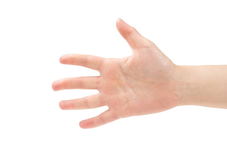 Woman hand isolated on white background showing five. 