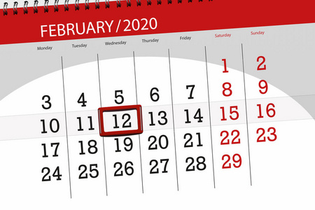 Calendar planner for the month february 2020, deadline day, 12, 