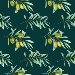 橄榄设计概念无缝图案水彩画绿色橄榄树枝叶,绿色背景上逼真的橄榄