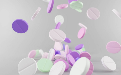 在白色3d插图上分离出许多彩色药丸