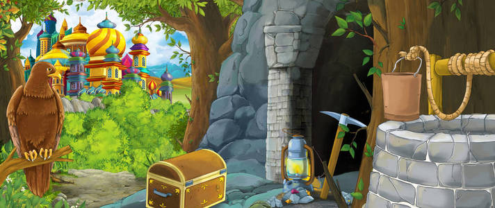 森林中鹰鸟的卡通场景和隐藏入口的儿童插图